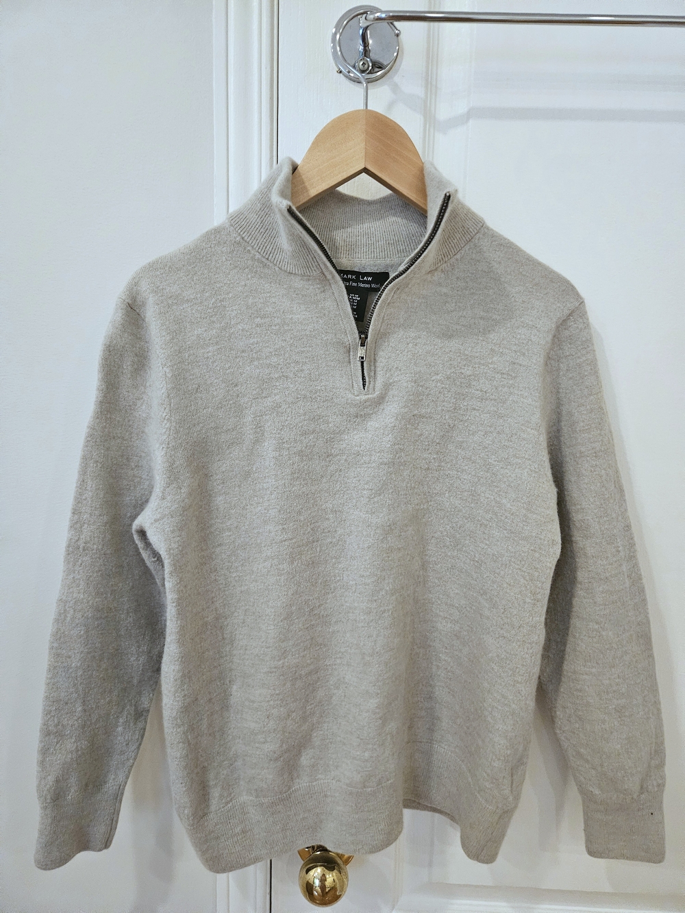 Mark Law Light Gray Zip-Neck Sweater 100% Extra Fine Merino Wool Size M